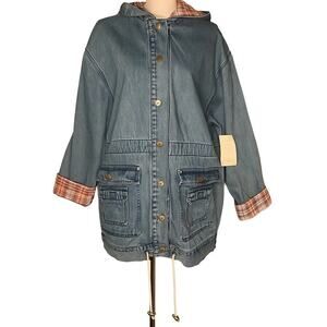 NEW Vtg 90s Stefano Womens Oversize Denim Barn Jean Jacket Plaid Trim Hood Sz M